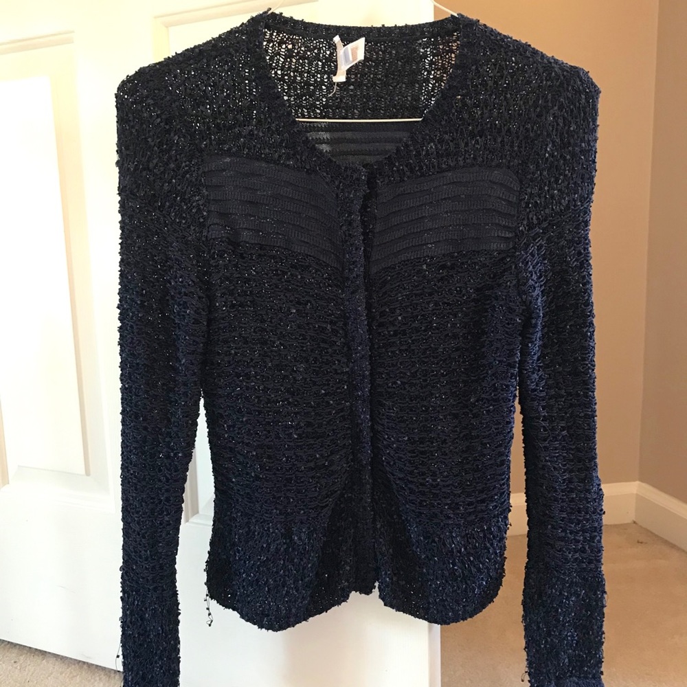 Soft navy blue snap up cardigan from Chico’s